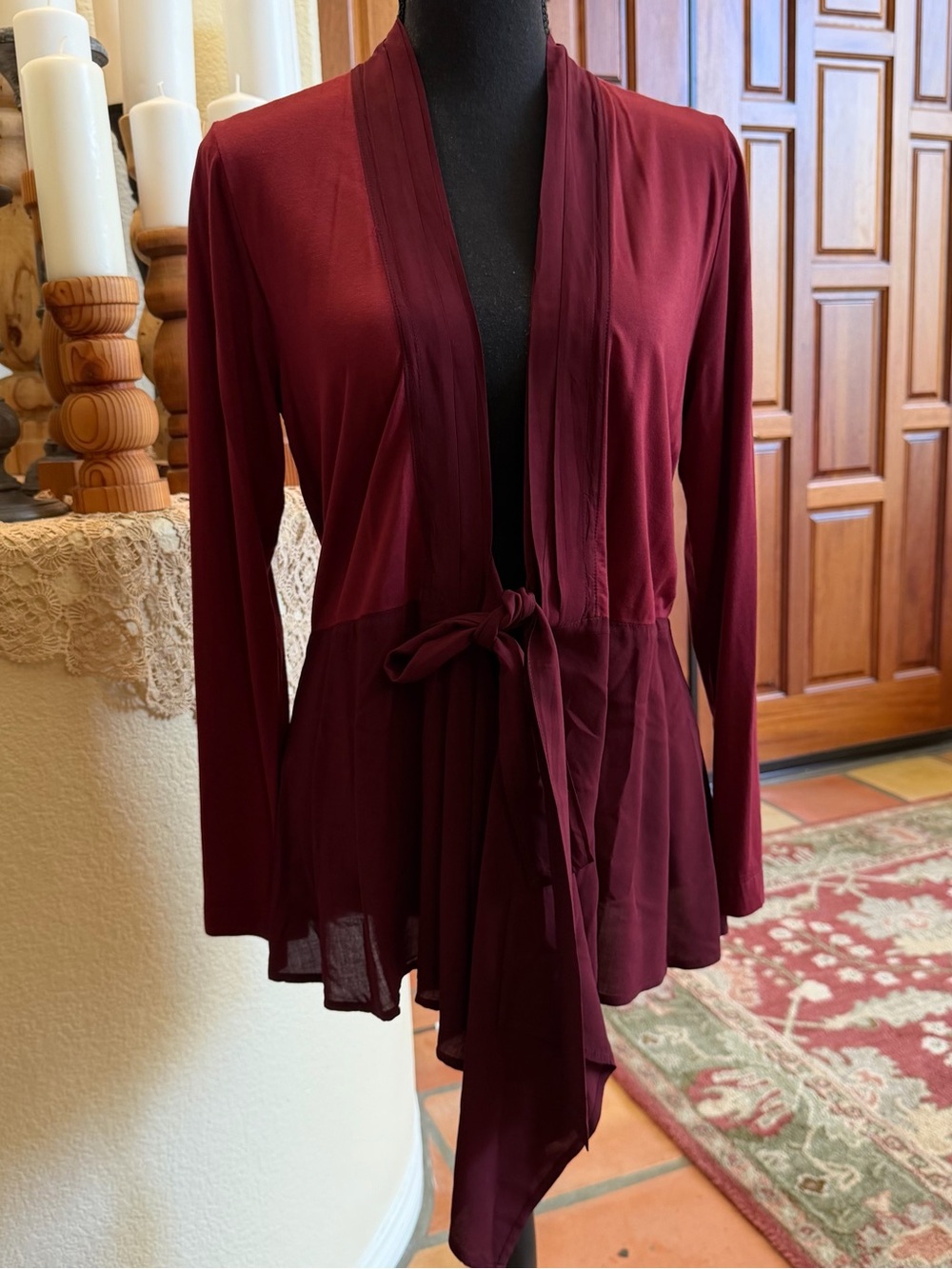 Green Dragon Burgundy Tie-Front Sheer Panel Cardigan size L
